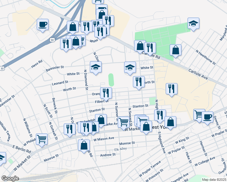 map of restaurants, bars, coffee shops, grocery stores, and more near 1705 Orange Street in York