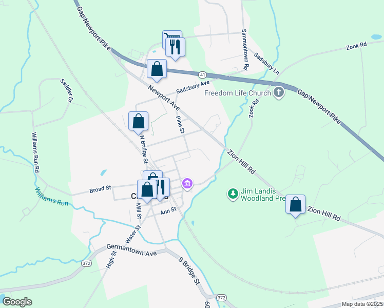 map of restaurants, bars, coffee shops, grocery stores, and more near 20 Dorinda Drive in Christiana