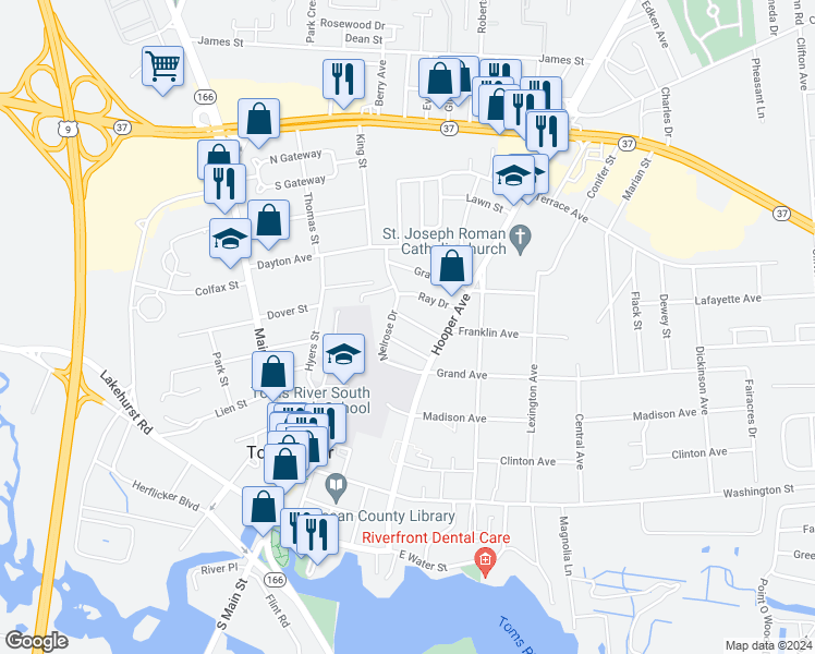 map of restaurants, bars, coffee shops, grocery stores, and more near 10 Orchard Street in Toms River