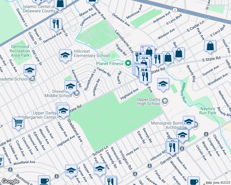 map of restaurants, bars, coffee shops, grocery stores, and more near 742 Fairfax Road in Drexel Hill