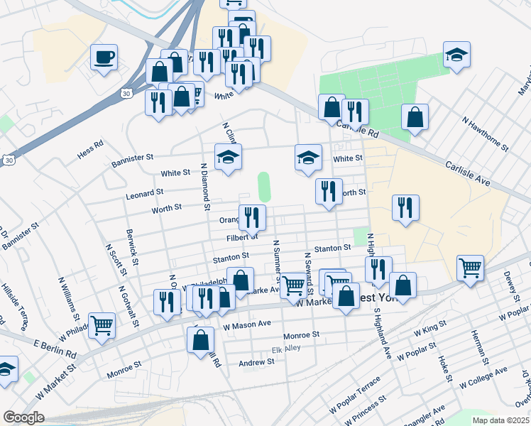 map of restaurants, bars, coffee shops, grocery stores, and more near 1713 Orange Street in York