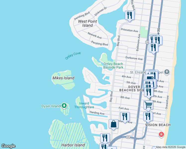 map of restaurants, bars, coffee shops, grocery stores, and more near 5 Spindrift Road in Seaside Heights