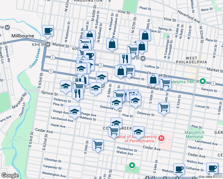 map of restaurants, bars, coffee shops, grocery stores, and more near 233 South 58th Street in Philadelphia