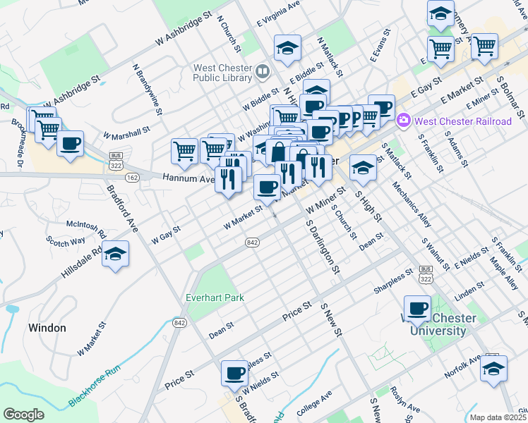 map of restaurants, bars, coffee shops, grocery stores, and more near 316 West Market Street in West Chester