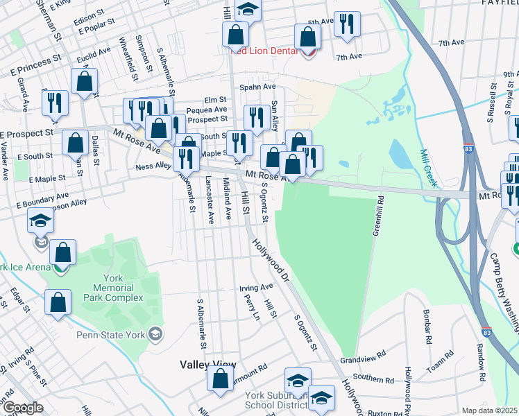 map of restaurants, bars, coffee shops, grocery stores, and more near 836 South Ogontz Street in York