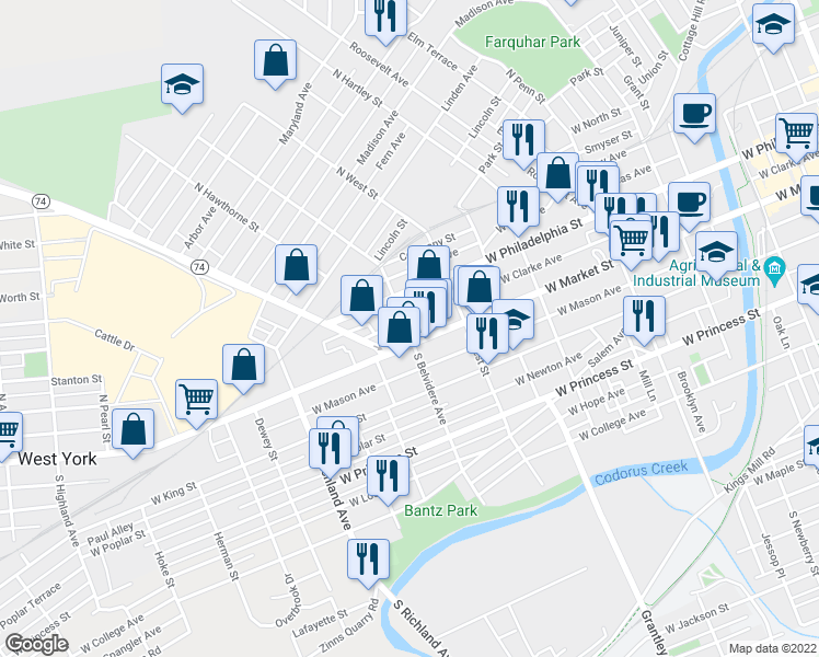 map of restaurants, bars, coffee shops, grocery stores, and more near 660 West Clarke Avenue in York