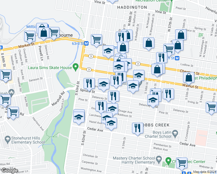 map of restaurants, bars, coffee shops, grocery stores, and more near 6049 Irving Street in Philadelphia