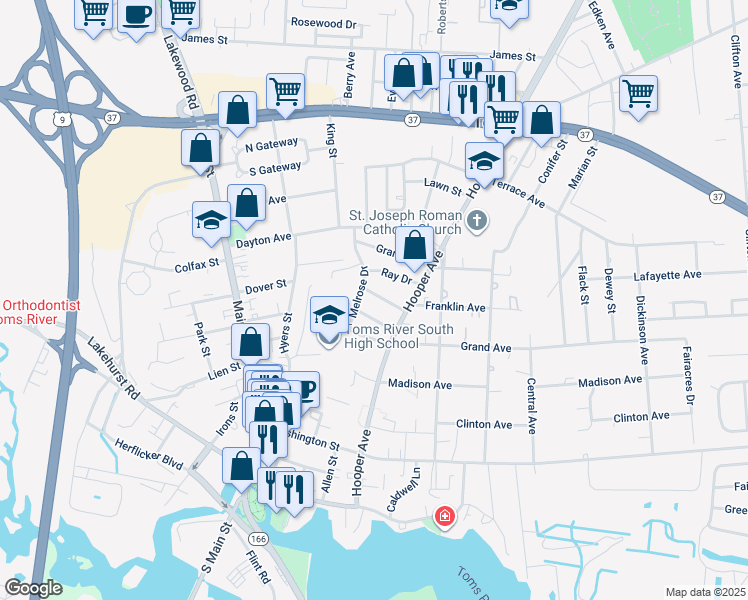 map of restaurants, bars, coffee shops, grocery stores, and more near 10 Orchard Street in Toms River
