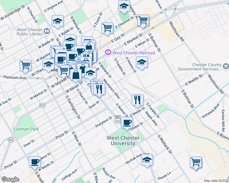 map of restaurants, bars, coffee shops, grocery stores, and more near 322 South Walnut Street in West Chester