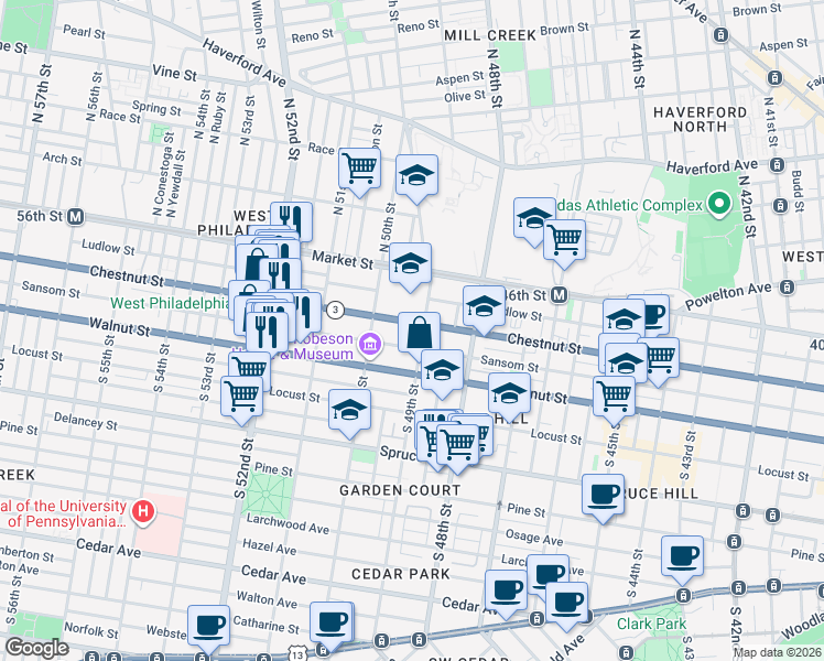 map of restaurants, bars, coffee shops, grocery stores, and more near 4840 Chestnut Street in Philadelphia