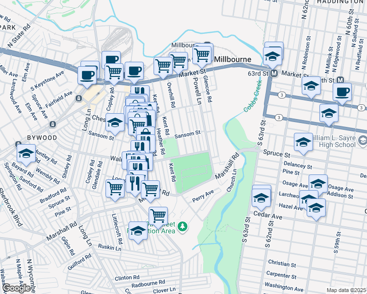 map of restaurants, bars, coffee shops, grocery stores, and more near 158 Overhill Road in Upper Darby