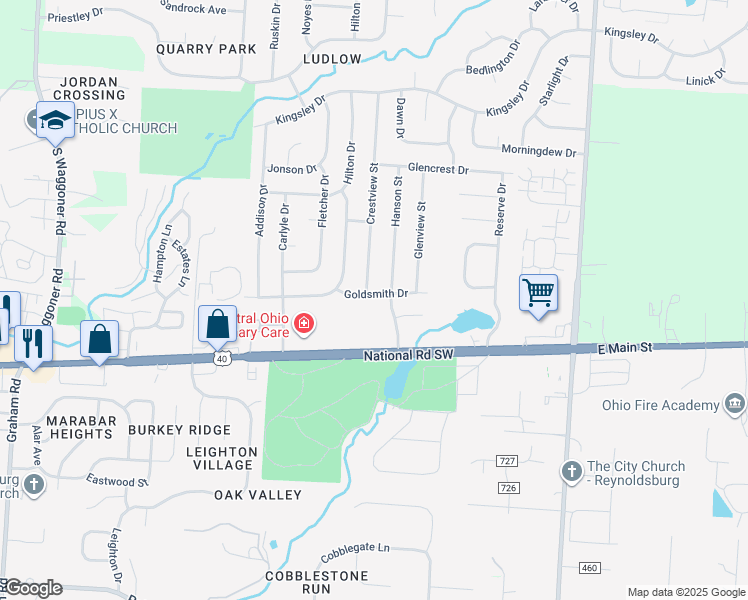 map of restaurants, bars, coffee shops, grocery stores, and more near 8171 Goldsmith Drive in Reynoldsburg