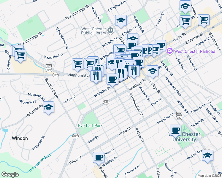 map of restaurants, bars, coffee shops, grocery stores, and more near 316 West Market Street in West Chester