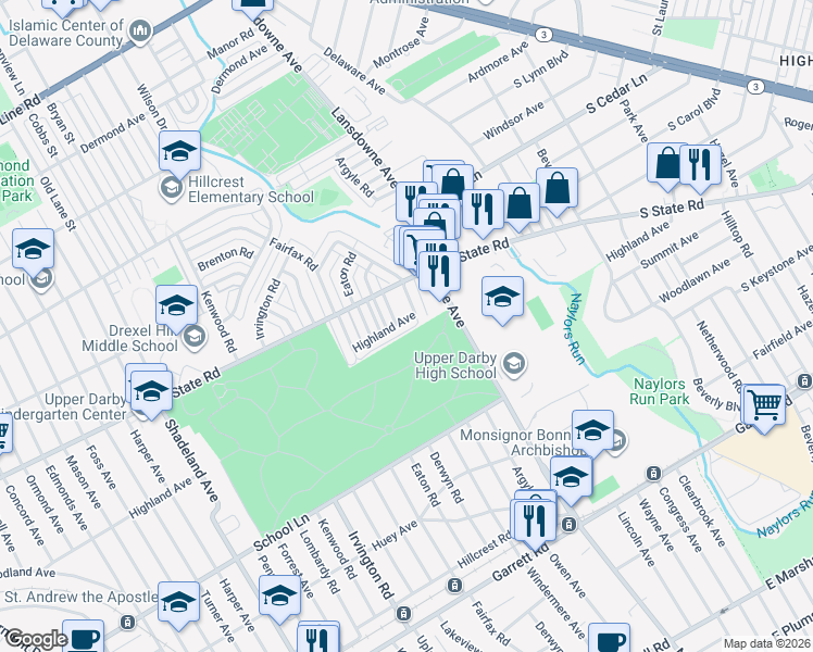 map of restaurants, bars, coffee shops, grocery stores, and more near 2336 Highland Avenue in Drexel Hill