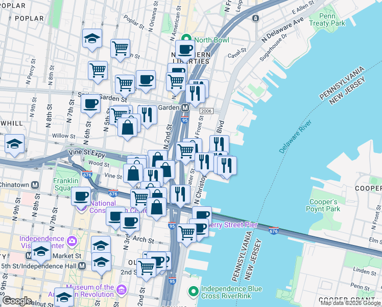 map of restaurants, bars, coffee shops, grocery stores, and more near 403 North Front Street in Philadelphia