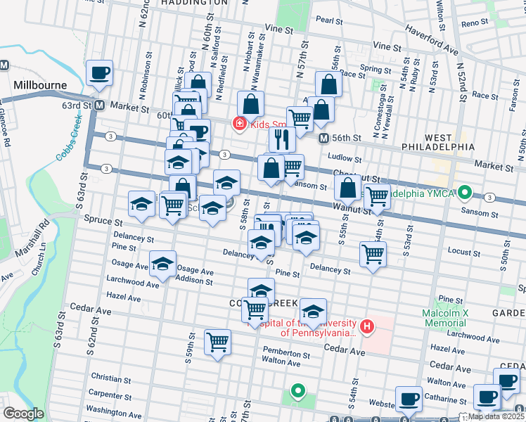 map of restaurants, bars, coffee shops, grocery stores, and more near 228 South Alden Street in Philadelphia
