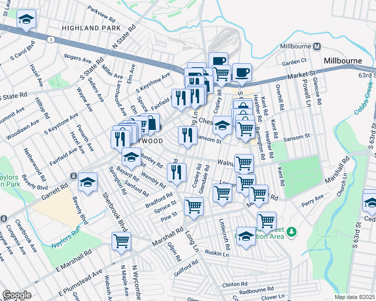 map of restaurants, bars, coffee shops, grocery stores, and more near 163 Long Lane in Upper Darby