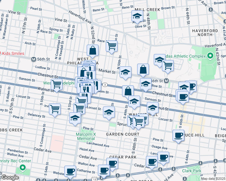 map of restaurants, bars, coffee shops, grocery stores, and more near 116 South 50th Street in Philadelphia