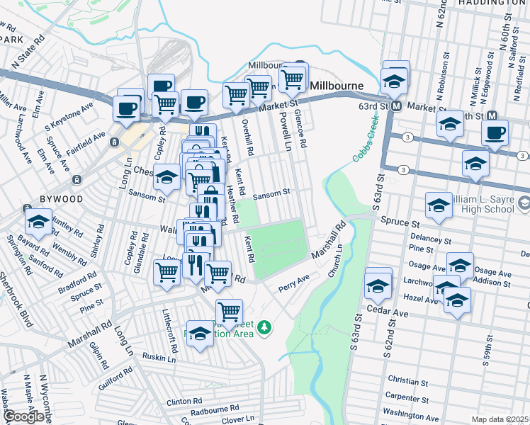 map of restaurants, bars, coffee shops, grocery stores, and more near 158 Overhill Road in Upper Darby
