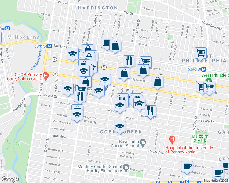map of restaurants, bars, coffee shops, grocery stores, and more near 231 South 58th Street in Philadelphia