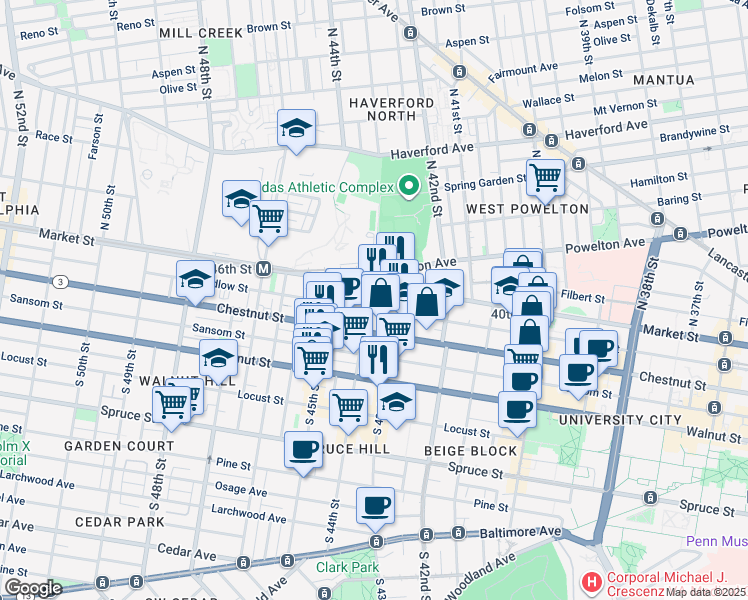map of restaurants, bars, coffee shops, grocery stores, and more near 5 South 44th Street in Philadelphia