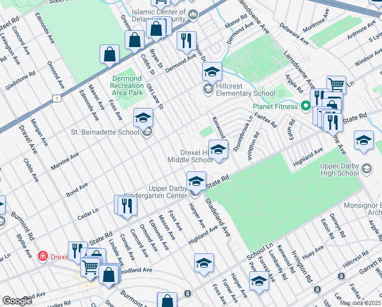 map of restaurants, bars, coffee shops, grocery stores, and more near 907 Penn Avenue in Drexel Hill
