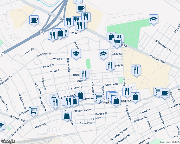 map of restaurants, bars, coffee shops, grocery stores, and more near 1705 Orange Street in York