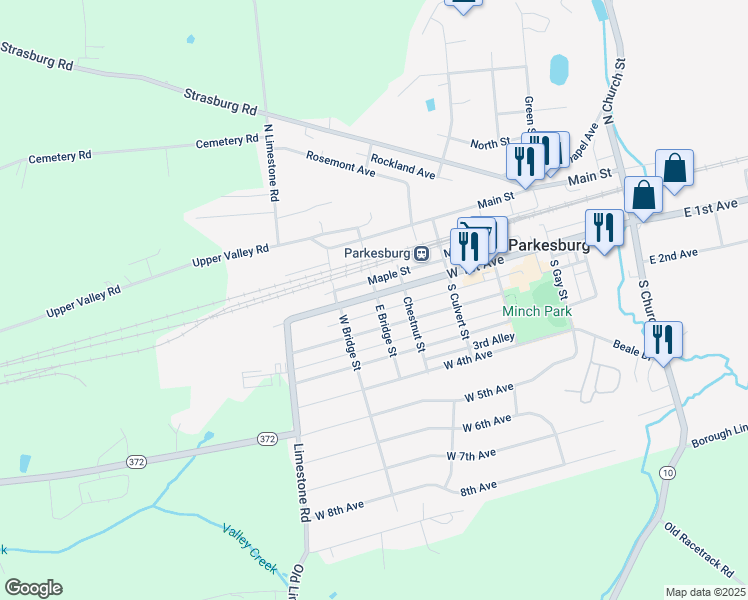 map of restaurants, bars, coffee shops, grocery stores, and more near 700 West 1st Avenue in Parkesburg