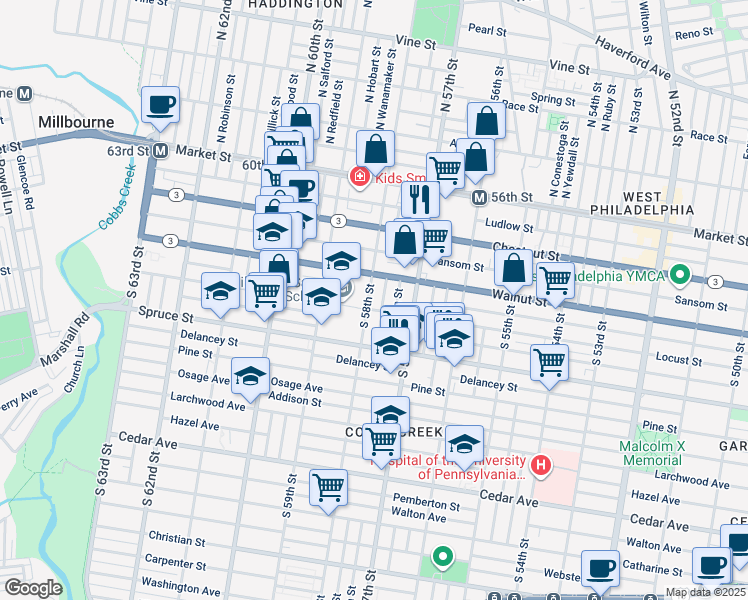 map of restaurants, bars, coffee shops, grocery stores, and more near 231 South 58th Street in Philadelphia