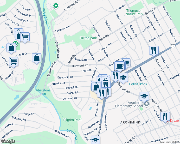 map of restaurants, bars, coffee shops, grocery stores, and more near 112 Treaty Road in Drexel Hill
