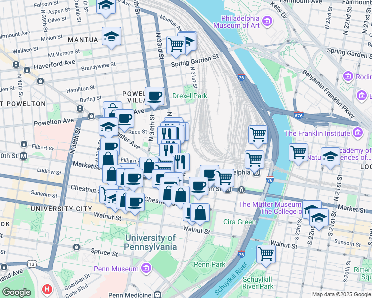 map of restaurants, bars, coffee shops, grocery stores, and more near 3201 Arch Street in Philadelphia