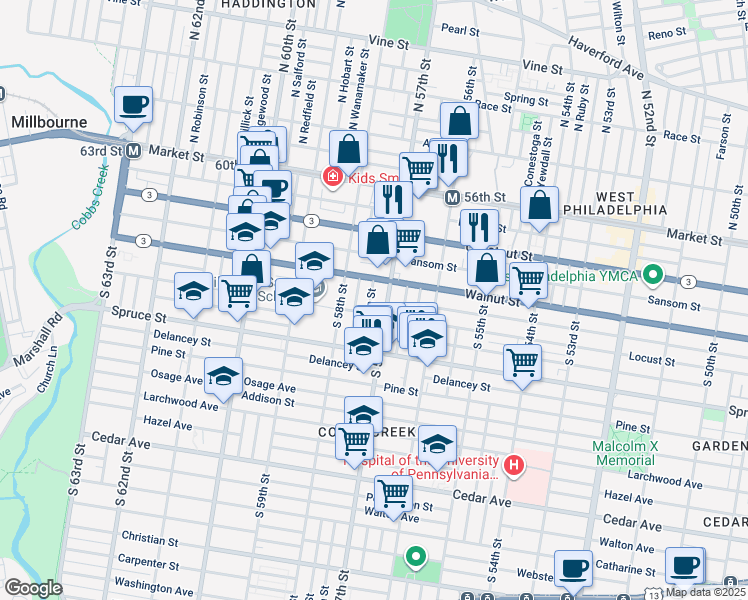 map of restaurants, bars, coffee shops, grocery stores, and more near 223 South Alden Street in Philadelphia