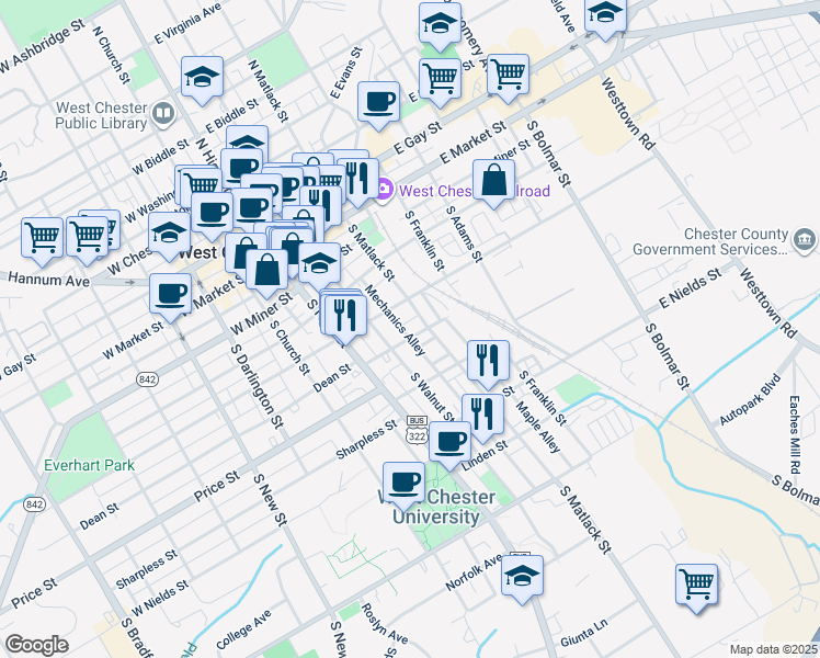 map of restaurants, bars, coffee shops, grocery stores, and more near 125 Magnolia Street in West Chester