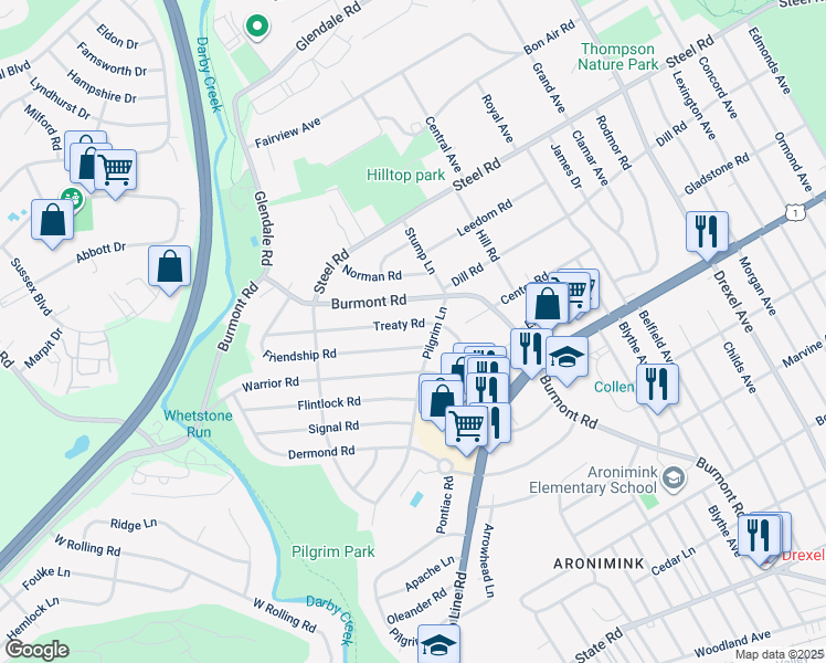 map of restaurants, bars, coffee shops, grocery stores, and more near 112 Treaty Road in Drexel Hill