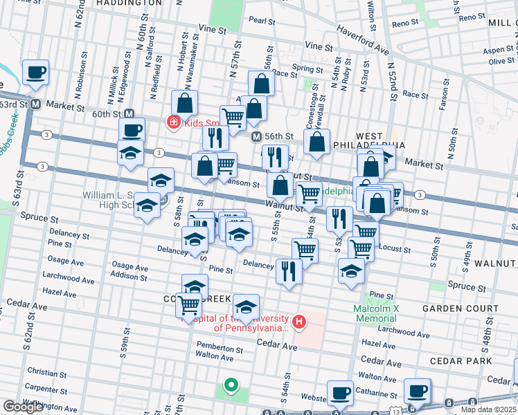 map of restaurants, bars, coffee shops, grocery stores, and more near 5530 Walnut Street in Philadelphia