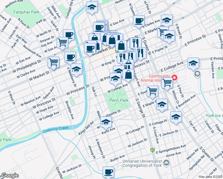 map of restaurants, bars, coffee shops, grocery stores, and more near 101 West College Avenue in York