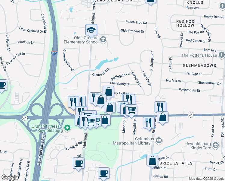 map of restaurants, bars, coffee shops, grocery stores, and more near 6104 Barberry Hollow in Columbus