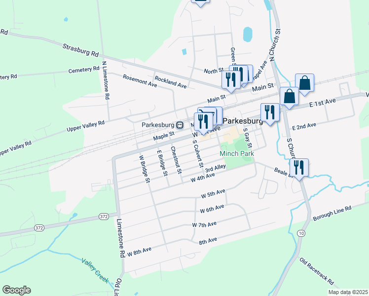 map of restaurants, bars, coffee shops, grocery stores, and more near 523 West 2nd Avenue in Parkesburg