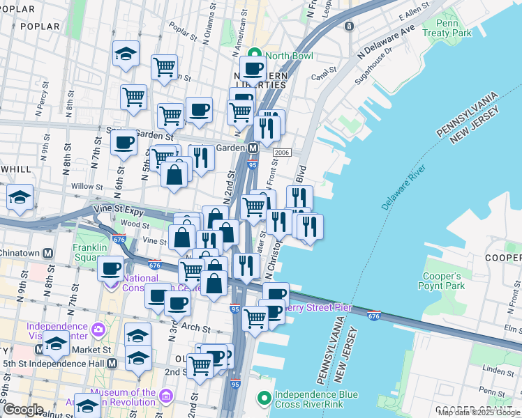 map of restaurants, bars, coffee shops, grocery stores, and more near 403 North Front Street in Philadelphia