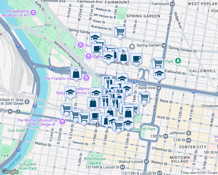 map of restaurants, bars, coffee shops, grocery stores, and more near 1840 Benjamin Franklin Parkway in Philadelphia