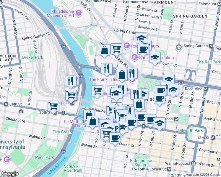 map of restaurants, bars, coffee shops, grocery stores, and more near 2300 Cherry Street in Philadelphia
