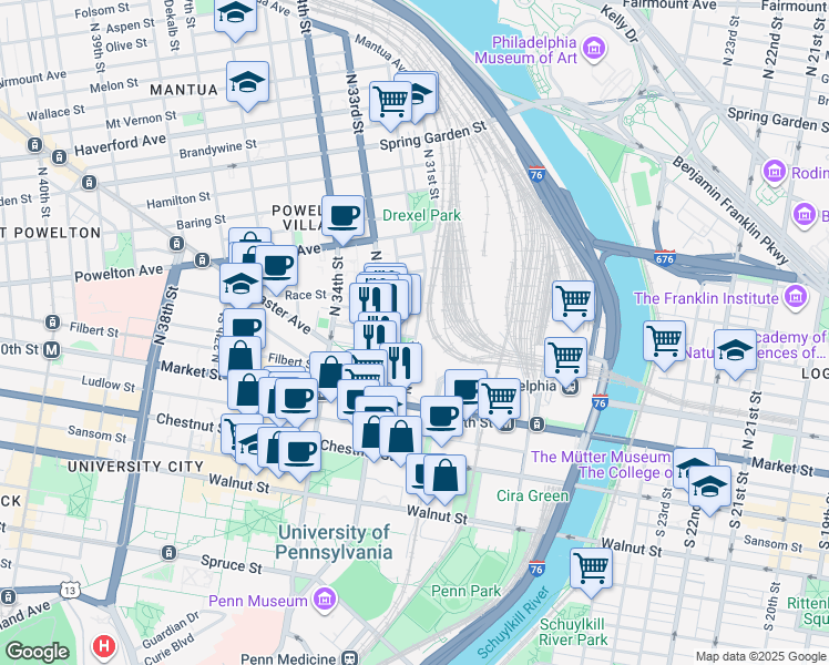 map of restaurants, bars, coffee shops, grocery stores, and more near 115-25 North 32nd Street in Philadelphia