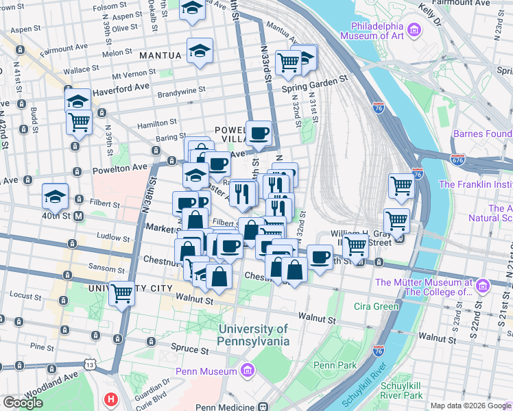 map of restaurants, bars, coffee shops, grocery stores, and more near 65 North 34th Street in Philadelphia