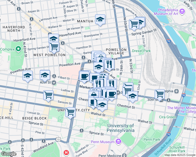 map of restaurants, bars, coffee shops, grocery stores, and more near 3665 Market Street in Philadelphia