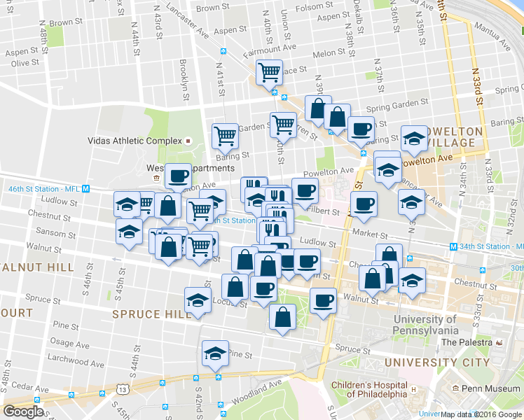 map of restaurants, bars, coffee shops, grocery stores, and more near in Philadelphia