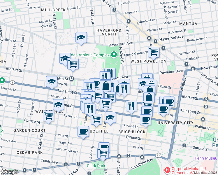 map of restaurants, bars, coffee shops, grocery stores, and more near 24 South 43rd Street in Philadelphia