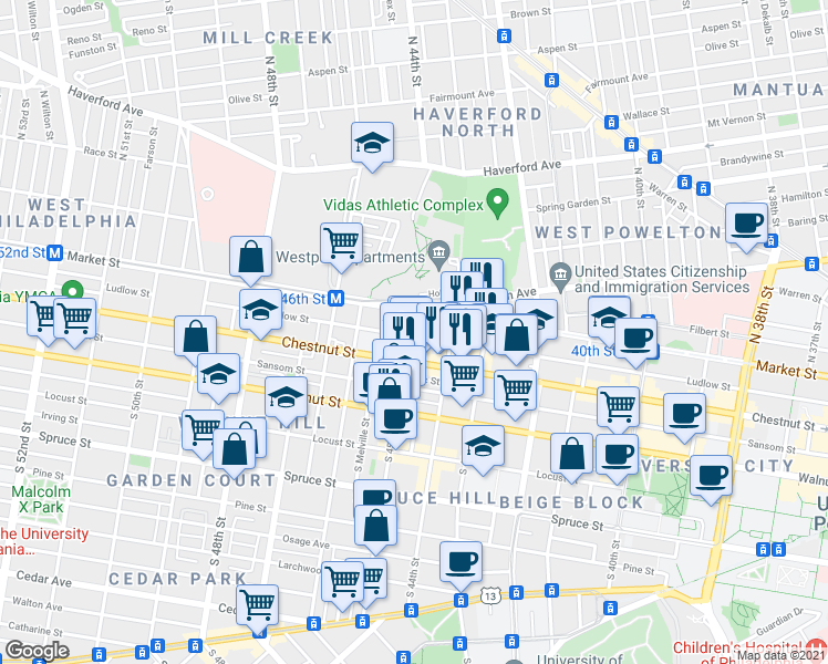 map of restaurants, bars, coffee shops, grocery stores, and more near 4501 Chestnut Street in Philadelphia