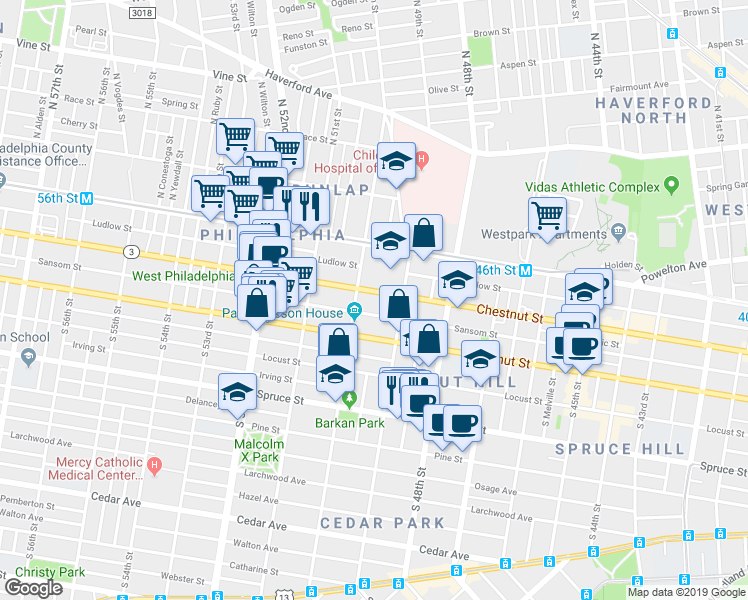 map of restaurants, bars, coffee shops, grocery stores, and more near 4934 Sansom Street in Philadelphia