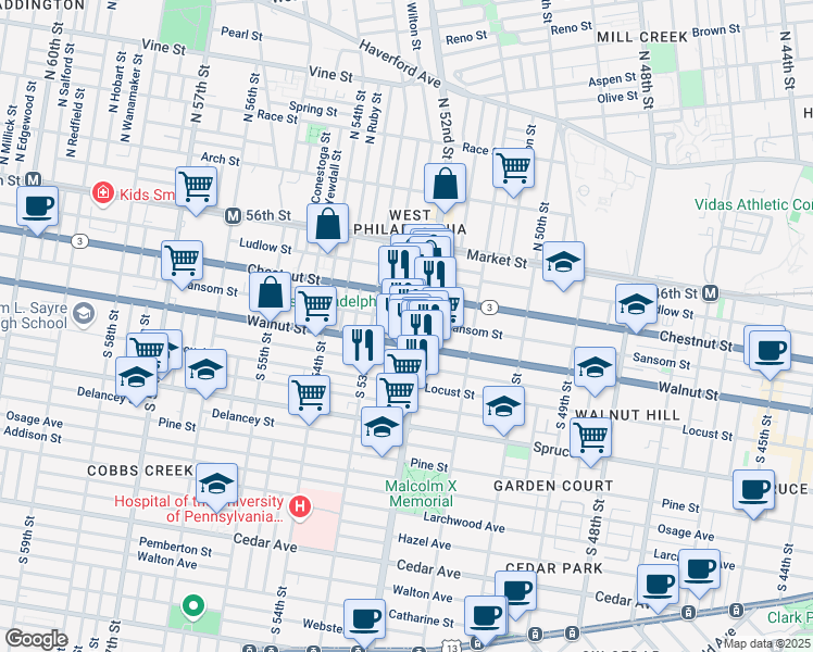 map of restaurants, bars, coffee shops, grocery stores, and more near 5228 Walnut Street in Philadelphia
