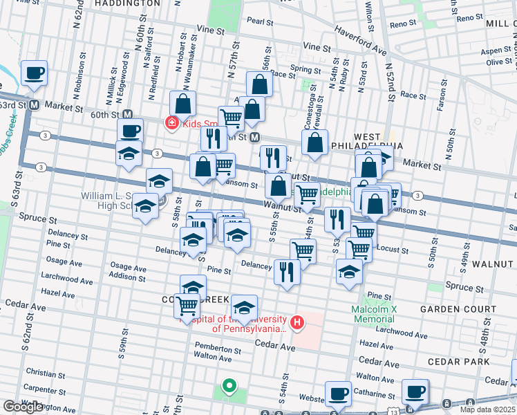 map of restaurants, bars, coffee shops, grocery stores, and more near 5526 Chancellor Street in Philadelphia